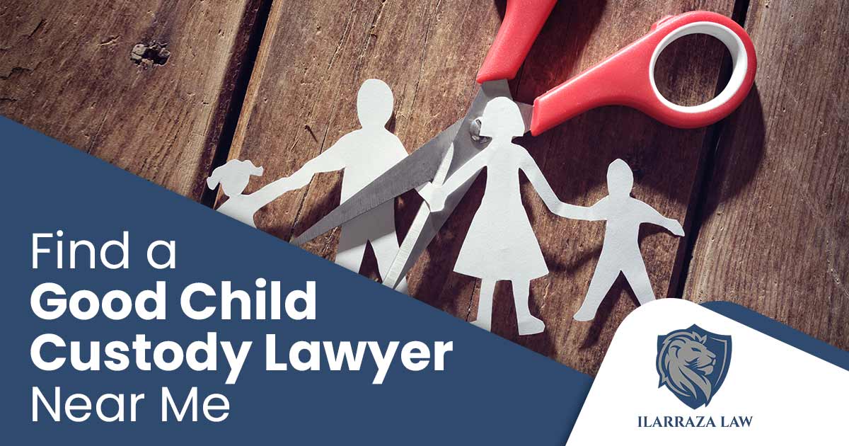 Photo of scissors cutting through a paper cutout family with the text: Find a Good Child Custody Lawyer Near Me - Ilarraza Law, P.C. - If you're struggling with child custody, turn to Ilarraza Law for help. With an experienced team of family law attorneys, they have helped many families reach their goals of peace and happiness in the midst of their child custody battles.