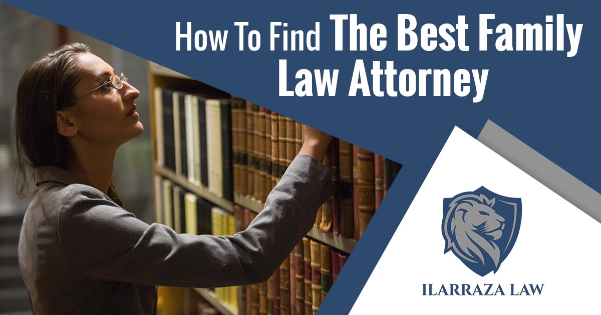 A woman selecting a book from a shelf and the text: How to Find the Best Family Law Attorney