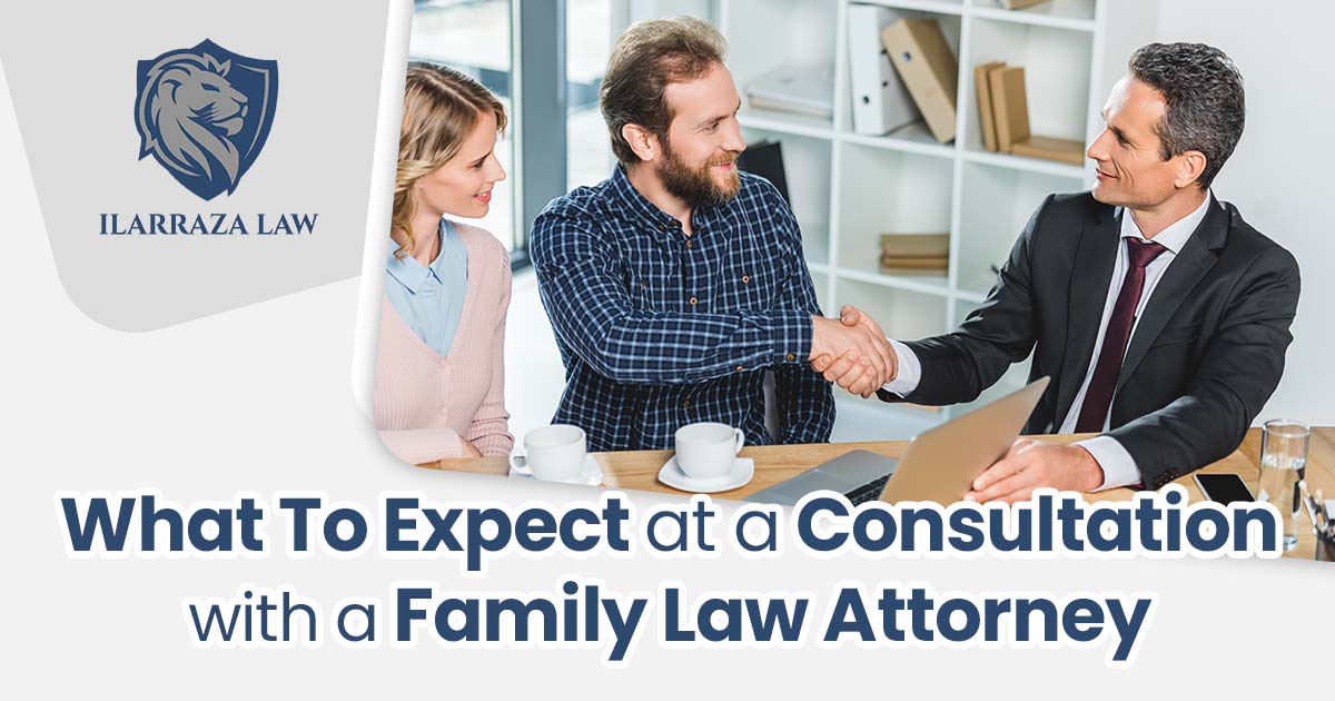 A woman and man at a desk and the man is shaking hands with a lawyer and the text: What to Expect at a Consultation with a Family Law Attorney